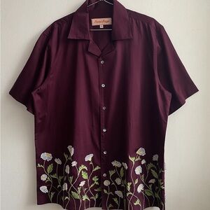 Red Casual Button Down Shirt with Floral Design and Short Sleeves